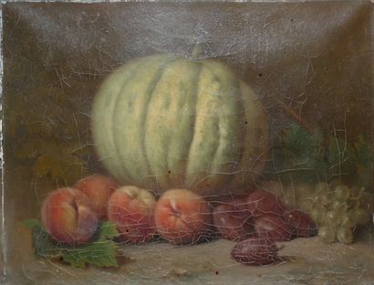 Ch. CABANE Melon, pêches, prunes et raisin, 1910 Huile sur toile (restaurations et...