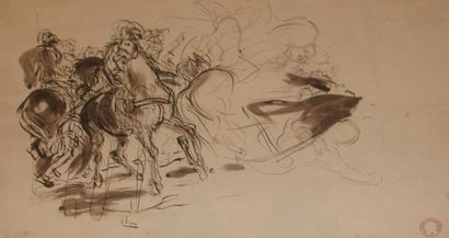 Alfred DEHODENCQ Cavaliers et femmes Feuille d'étude à la plume et au lavis d'encre...