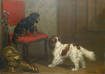 Conradijn CUNAEUS Duel de chiens, 1848 Huile sur panneau, signé et daté en bas à...
