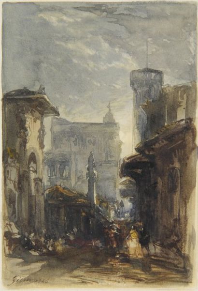 Félix ZIEM Rue animée, 1846 Aquarelle sur papier gaufré, signé et daté en bas à gauche....