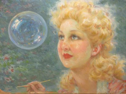 null La bulle de savon Huile sur carton, signé en bas à droite. 18,5 x 23,5 cm.