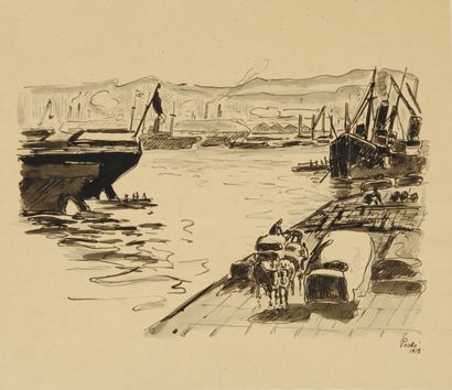 null Marseille, le vieux port, 1913 Plume et lavis d'encre de Chine sur calque doublé...