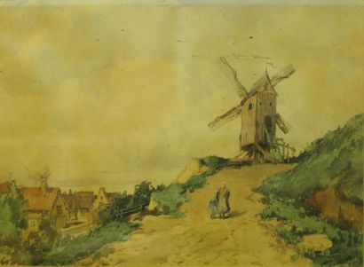 null William Georges THORNLEY Moulin dans la campagne hollandaise Aquarelle (insolation),...