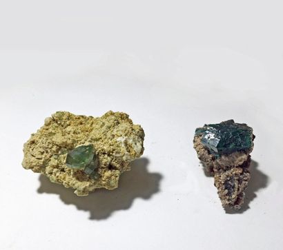 null Lot de deux petits minéraux. ANDRADITE: joli cristal vert brillant (12 mm) isolé...