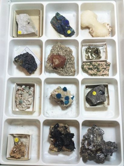 null Intéressant flat de 13 minéraux divers (dont scheelite, cavansite, argent natif,...
