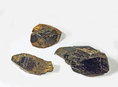null Trois rares minéraux de Norvège. COLUMBITE : cristal (7 cm). Deux GADOLINITES...