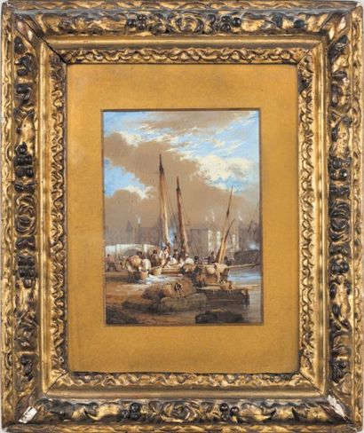 COLLINS William (Attribué à) (Londres 1788 -1847) Vue de port Gouache. Haut. : 15,5...