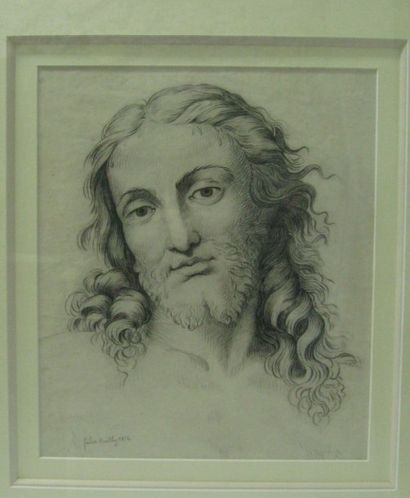 BAILLY Félix, école Française du XIXe siècle Tête de Christ Pierre noire. Signé en...