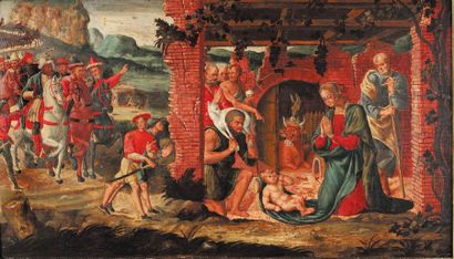 Ecole Italienne du XVIe siècle La Nativité avec l'arrivée des rois mages Huile sur...