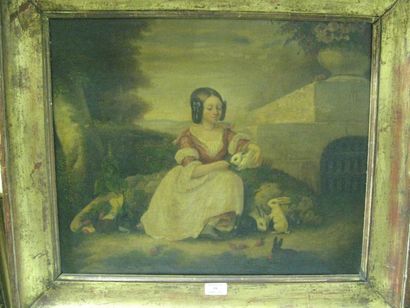 Ecole Française du XIXe siècle La fillette aux lapins Huile sur toile. Haut. : 46...