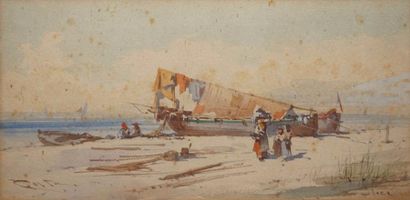 COSTA Emmanuele, 1875-1959 Femmes de pêcheurs sur la plage
Aquarelle (rousseurs);...