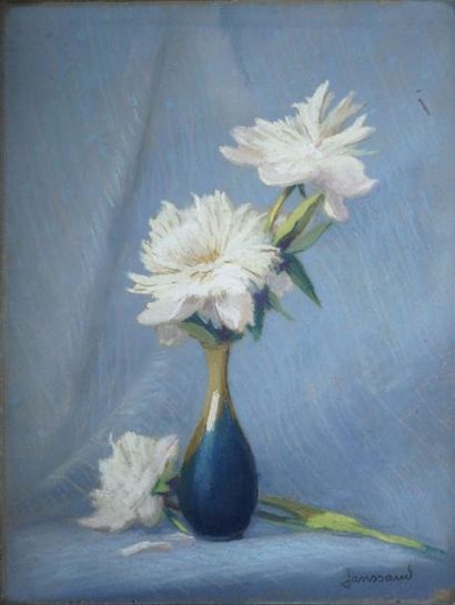 JANSSAUD Mathurin, 1857-1940 Anémones au vase bleu
Pastel; signé en bas à gauche
32x23,5...