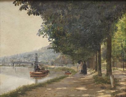 MARIE Raoul, né en 1850 Promenade au bord de rivière
Huile sur toile (restaurations);...