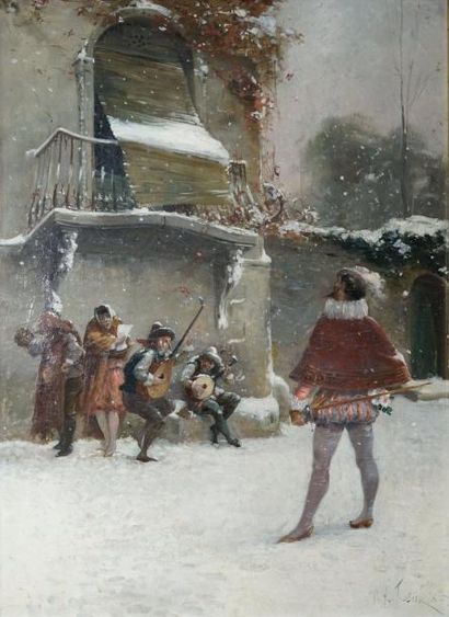 TESSIER Louis Adolphe, 1858-1915 Aubade sous la neige, 1885
Huile sur toile (traces...