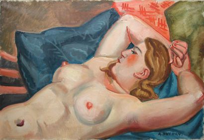 FAVORY André, 1888-1937 Modèle aux coussins
Huile sur toile (accidents); signée en...