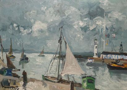 HERBO Fernand, 1905-1995 Voilier à l'entrée d'un port
Huile sur toile; signée en...