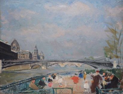 MARTIN Claude René, né en 1885 Le pont d'Arcole devant la Conciergerie avec un parc...
