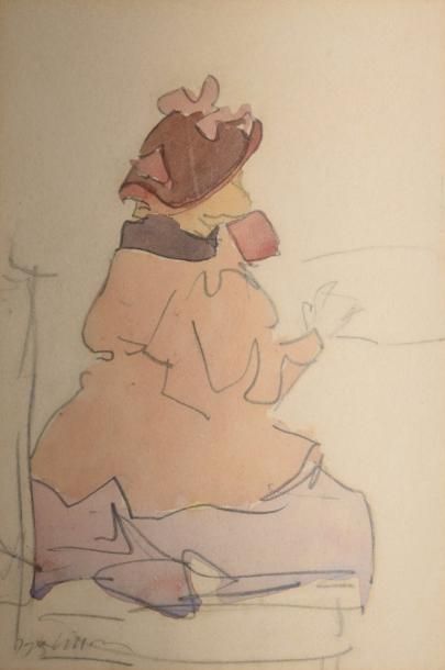 VILLON Jacques, 1875-1963 Femme au chapeau et à la robe beige
Mine de plomb et aquarelle...