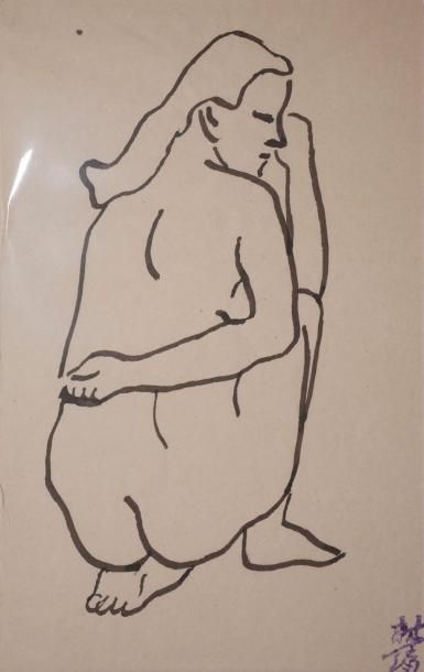 LAM-DONG, 1920-1987 Nus féminins - Baigneuses 5 dessins à l'encre sur papier beige;...