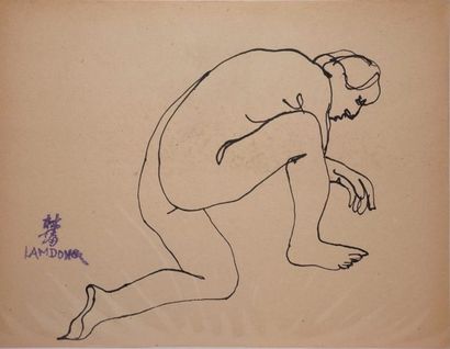 LAM-DONG, 1920-1987 Nus féminins - Baigneuses 5 dessins à l'encre sur papier beige;...