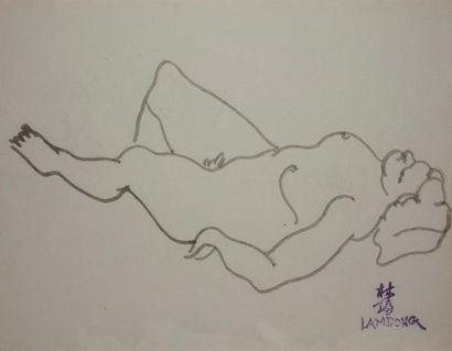 LAM-DONG, 1920-1987 Nus féminins - Baigneuses 5 dessins à l'encre sur papier beige;...