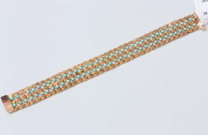 null Bracelet ruban souple en alliage d'or 9K (385) orné de deux lignes de turquoises...