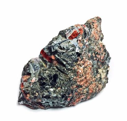 null RHODONITE (10 cm) : cristaux gemmes rouge foncé (jusqu'à 2,5 cm) dans GALENE,...