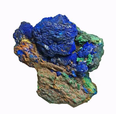 null Jolie AZURITE : boule cristallisée bleu vif sur gangue avec MALACHITE, Bou Bekker,...