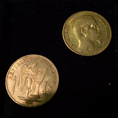 null Un lot de deux pièces 20 francs or composé d'un "Napoléon III tête nue" (A 1854)...