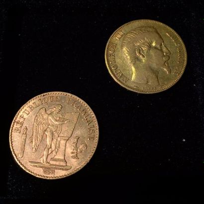 null Un lot de deux pièces 20 francs or composé d'un "Napoléon III tête nue" (A 1854)...
