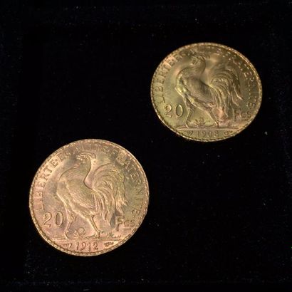 null 2 pièces en or 20 francs " Coq " ( 1 x 1908 ; 1 x 1912 ) 