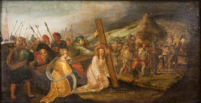 FRANCKEN Frans II dit le Jeune (Atelier de) 
La Montée au calvaire
Huile sur panneau....