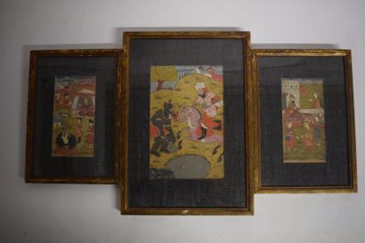 null Trois miniatures épiques, Cachemire, XIXe siècle Gouaches sur papier illustrant...