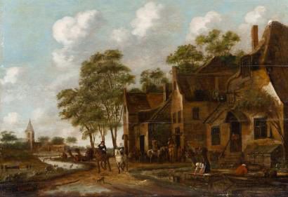ECOLE HOLLANDAISE Dernier quart du XVIIe siècle 
Vue de village au bord de la rivière...