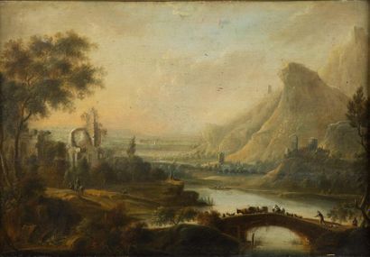 VOLLERDT Johann Christian 
Paysage panoramique traversé par une rivière avec paysan...