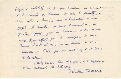 null Tristan TZARA (1896-1963). L.A.S., Saint-Alban (Lozère) chez le Dr Bonnafé,...