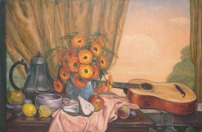 null MAIRE André, 1898-1984, 

Bouquet, guitare et fruits à la tenture, 1973, 

huile...