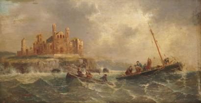 null VAN WYK Henri, né en 1833, 

Barques devant une abbaye en bord de mer, 

huile...