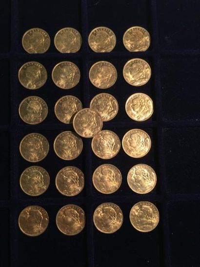 null [ Pièce en or ]

25 pièces de 20 francs suisse " Vreneli " 1935 LB. 

Poids...