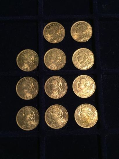 null [ Pièce en or ]

11 pièces de 20 francs suisse " Vreneli " 1935 LB. 

Poids...