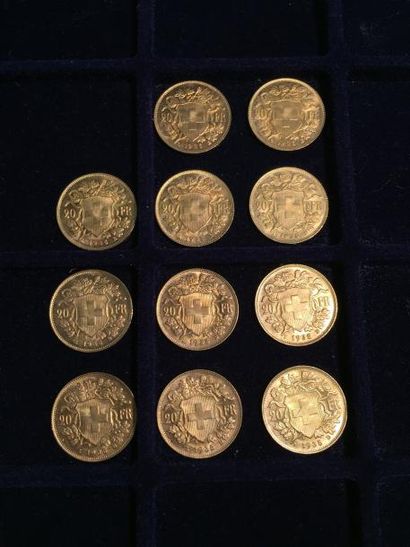 null [ Pièce en or ]

11 pièces de 20 francs suisse " Vreneli " 1935 LB. 

Poids...