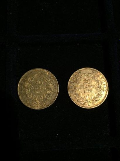 null [ Pièce en or ]

2 pièces de 20 francs Napoléon " tête nue " 1855 A. 

Poids...