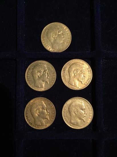 null [ Pièce en or ]

5 pièces de 20 francs Napoléon " tête nue " 1859 A. 

Poids...