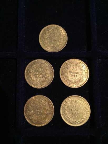 null [ Pièce en or ]

5 pièces de 20 francs Napoléon " tête nue " 1859 A. 

Poids...