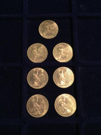 null [ Pièce en or ]

7 pièces de 20 francs " coq " 1909. 

Poids : 45,1 g 