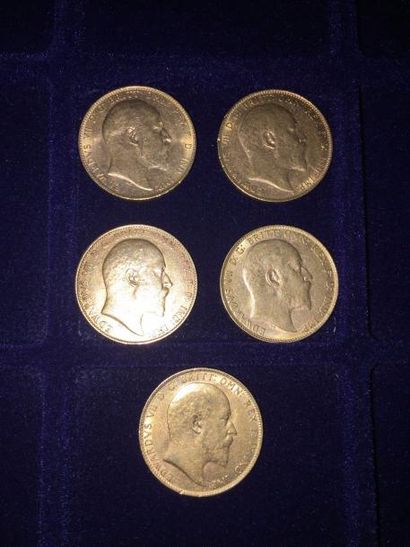 null SOUVERAIN, 5 pièces anglaises en or à l'éffigie de Edward VII (1904;1905;1906;1908;1910)...