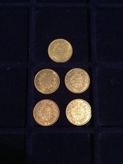 null 5 pièces or 20 francs Napoléon III tête nue (1854 A ; 1856 A ; 1857 ; 2x1859...