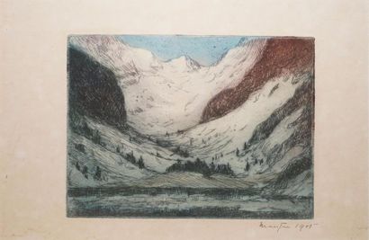 MAUFRA Maxime, 1861-1918 
Le lac Lauvitel, 1905
eau-forte en couleurs (trace de griffe,...