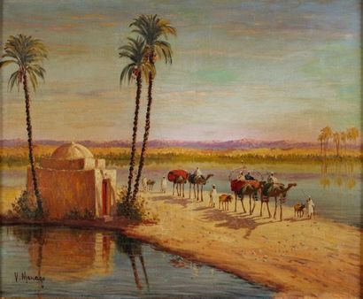 MANAGO Vincent, 1880-1936 
La caravane au bord de l'eau
huile sur toile (restaurations),...