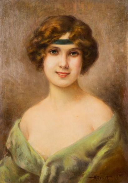 PENOT ALBERT JOSEPH, 1862-1930 
Femme au ruban vert
huile sur toile (craquelures...